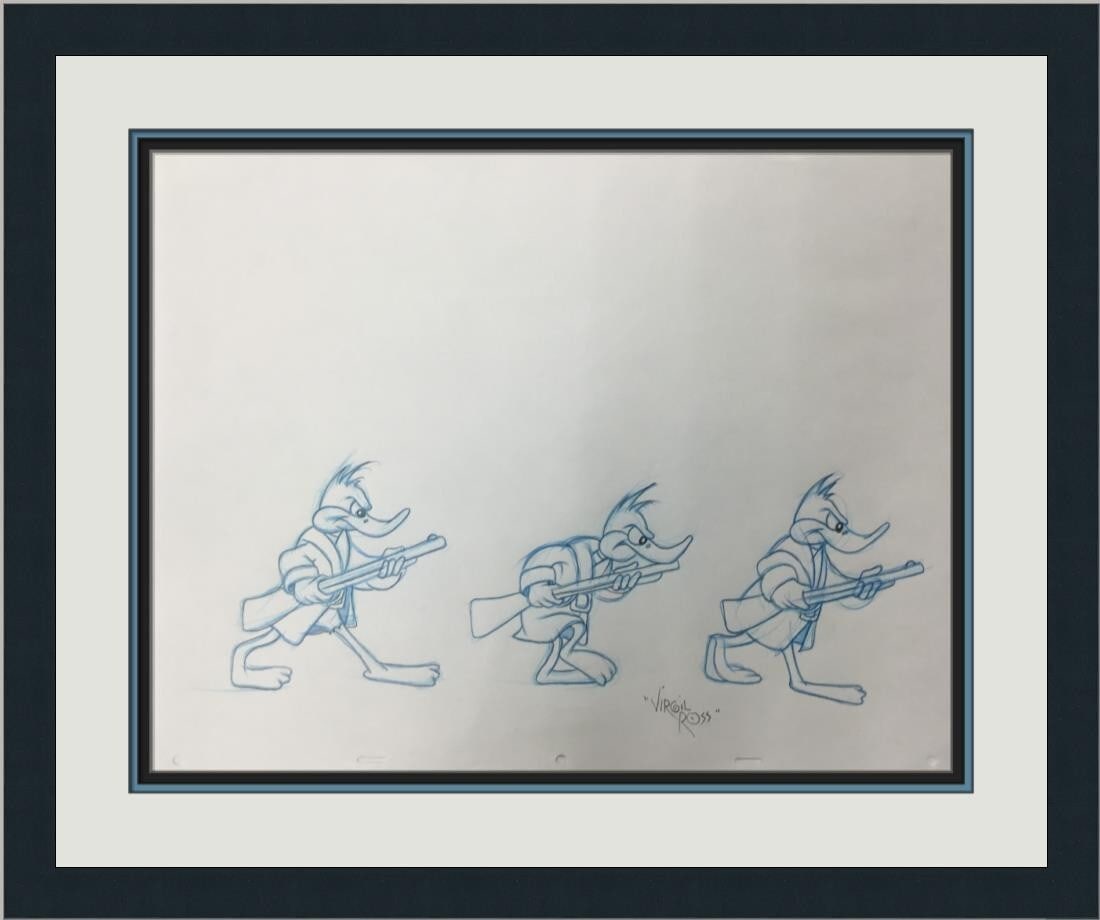 Virgil Ross Signed Daffy Duck Model Sheet Custom Framed Warner Bros Animation: Virgil Ross Signed Daffy Duck Model Sheet Custom Framed Warner Bros Animation This original signed model sheet drawing features Daffy Duck, illustrated by legendary animator Virgil Ross. Rendered in c