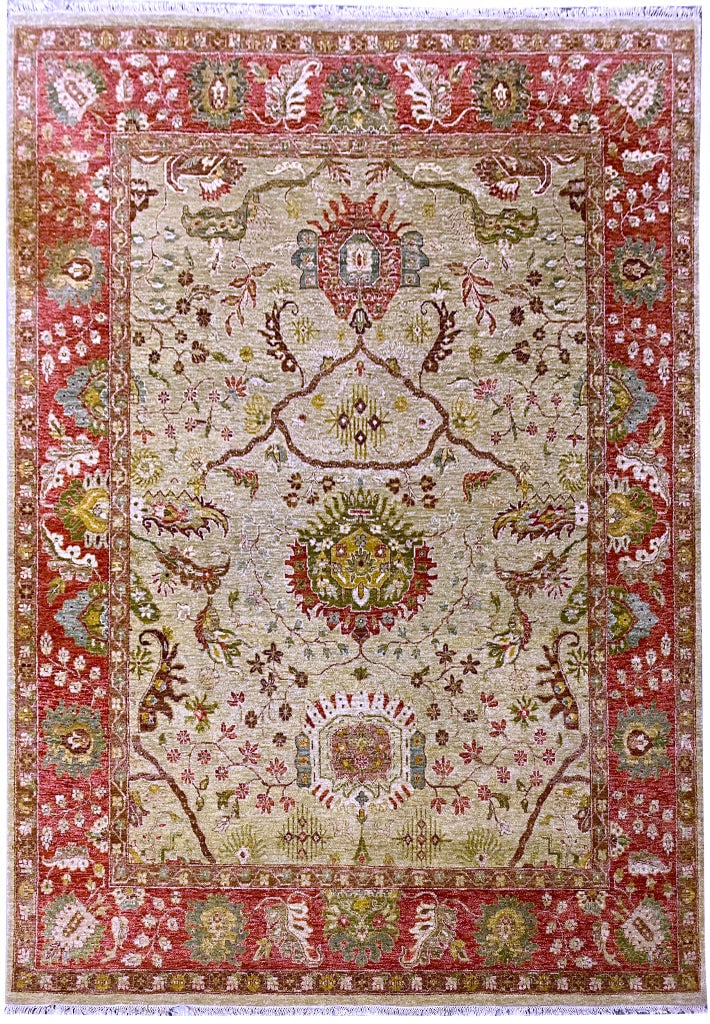 8' x 10' Handmade Agra Wool Rug in Green and Rust: 8' x 10' Handmade Agra Wool Rug in Green and Rust Free continental US Shipping Enhance your living space with this exquisite 8' x 10' Natural Quality Wool Handmade Agra Rug in a captivating green and 