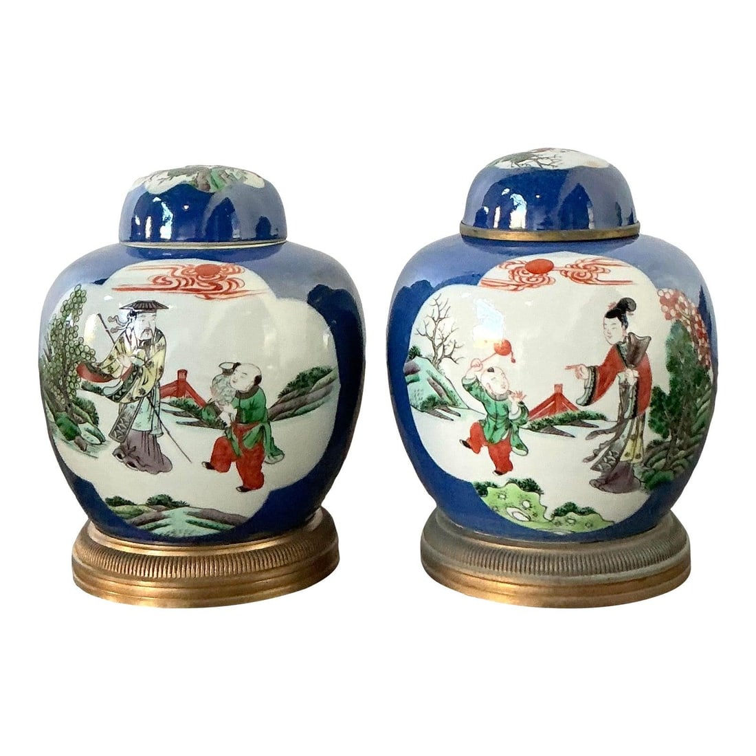 Pair of Famille Verte Lidded Ceramic Ginger Jars with Cobalt Blue Ground: Pair of Famille Verte Lidded Ceramic Ginger Jars with Cobalt Blue Ground This pair of vintage Asian Famille Verte lidded ceramic jars features hand-painted narrative scenes with scholars and figures s