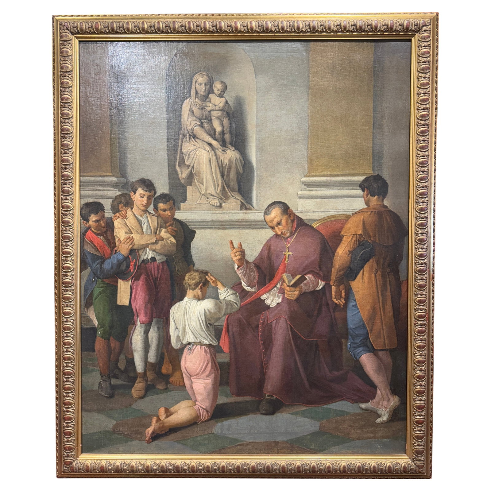 19th Century Italian Cardinal Blessing Oil Painting Framed Giltwood: 19th Century Italian Cardinal Blessing Oil Painting Framed Giltwood This stunning 19th Century Italian framed oil on canvas painting, titled "Cardinal Blessing," measures 57 inches in height and 46.5 