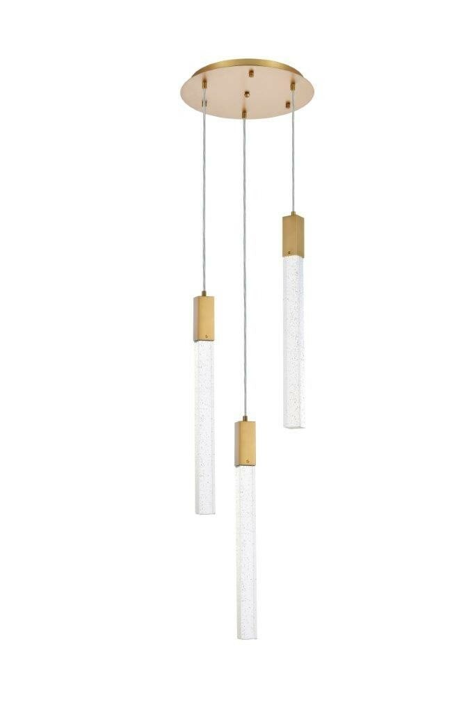 Weston Satin Gold Crystal Pendant Chandelier 3-Light 16 in: Weston Satin Gold Crystal Pendant Chandelier 3-Light 16 in This modern pendant chandelier from the Weston Collection features a satin gold finish and clear seeded crystal bar accents. Designed for ver