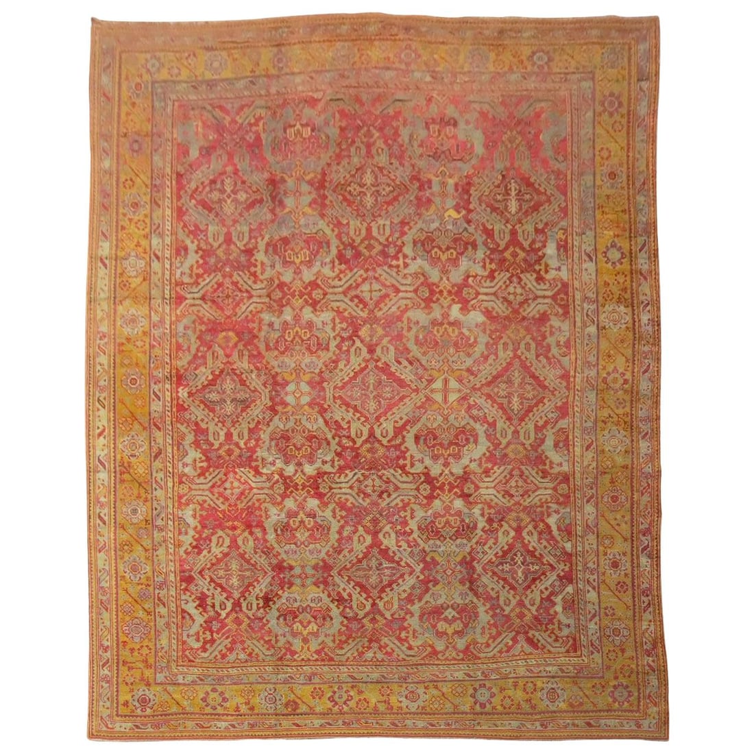 Antique Turkish Oushak Rug 12'2" x 17'10" Wool Hand-Woven Raspberry Mustard: Antique Turkish Oushak Rug 12'2" x 17'10" Wool Hand-Woven Raspberry Mustard This stunning antique Turkish Oushak rug showcases a vibrant raspberry and mustard color palette, making it a striking addit