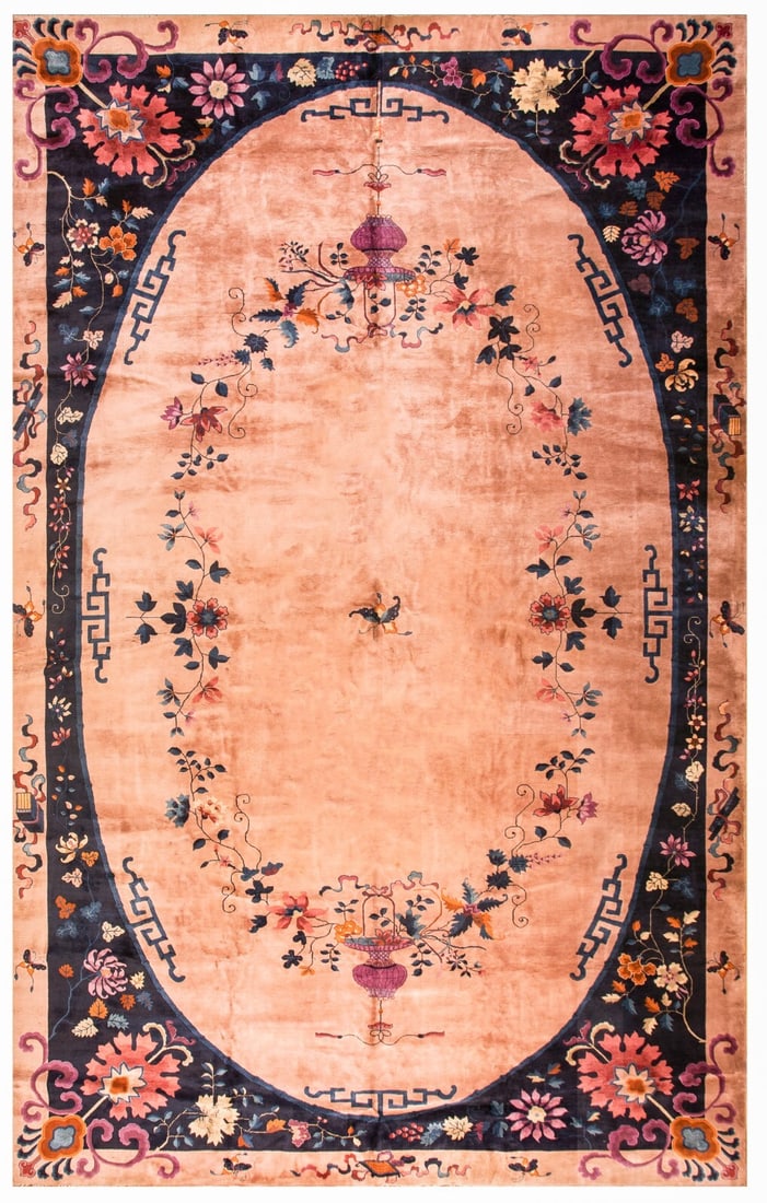Handmade Chinese Wool Art Deco Floral Beige Area Rug: Handmade Chinese Wool Art Deco Floral Beige Area Rug This exceptional antique Art Deco area rug is a rare handmade piece from China, dating to circa 1920. Crafted from 100% hand-knotted Mandarin wool 