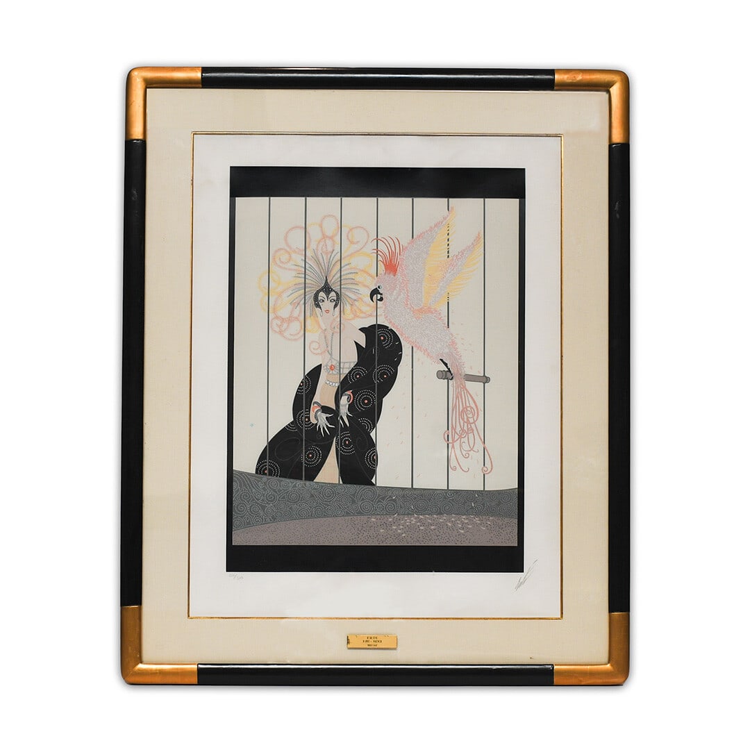 Erte Art Deco Framed Signed Bird Cage Print: Erte Art Deco Framed Signed Bird Cage Print This is an original Art Deco print titled "The Bird Cage" by Erte. The piece features figures as its subject and is both framed and signed by the artist. It