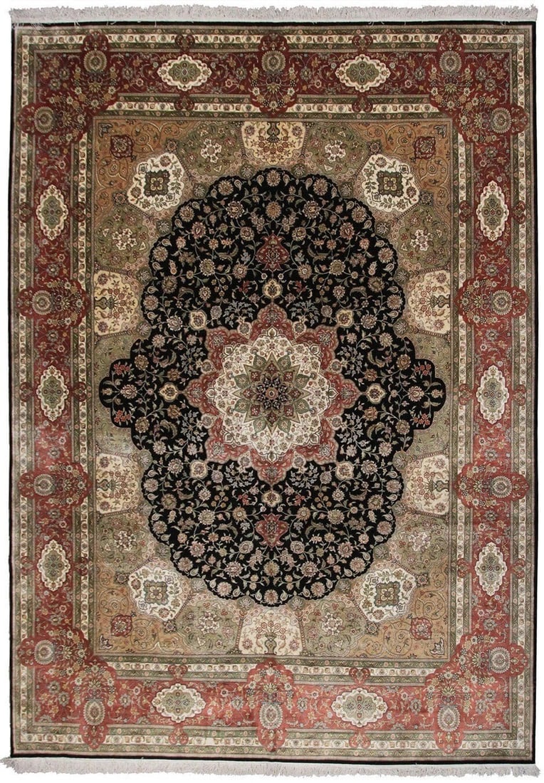 Hand Knotted Black Silk Floral Rug 9'4 x 12'2 Chinese: Hand Knotted Black Silk Floral Rug 9'4 x 12'2 Chinese This exceptional handmade rug features a rare and intricate floral design, crafted from 100% natural silk with a silk foundation. The rug is hand-