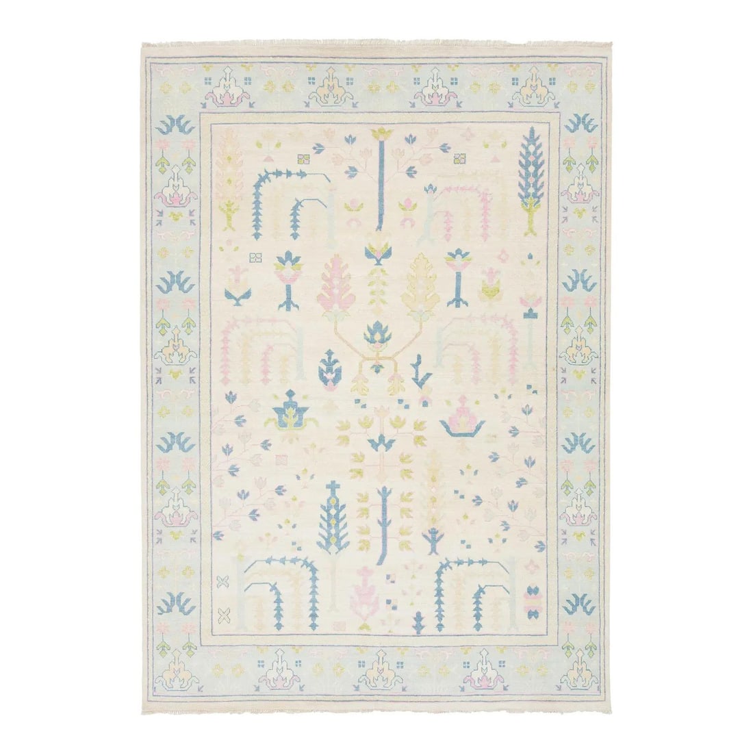 9' x 12'6" Hand Knotted Wool Oushak Style Rug Botanical Pattern: 9' x 12'6" Hand Knotted Wool Oushak Style Rug Botanical Pattern Hand-knotted Oushak-style rug with a contemporary take on traditional Turkish motifs. It is made from 100% wool and features a luminous 