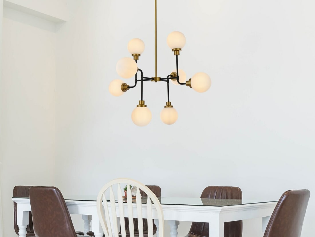 Hanson 8 Light Black Brass Pendant Chandelier 36 Inch: Hanson 8 Light Black Brass Pendant Chandelier 36 Inch This modern chandelier features a high-quality black and brass finish with eight frosted opal glass shades, providing a contemporary look suitable