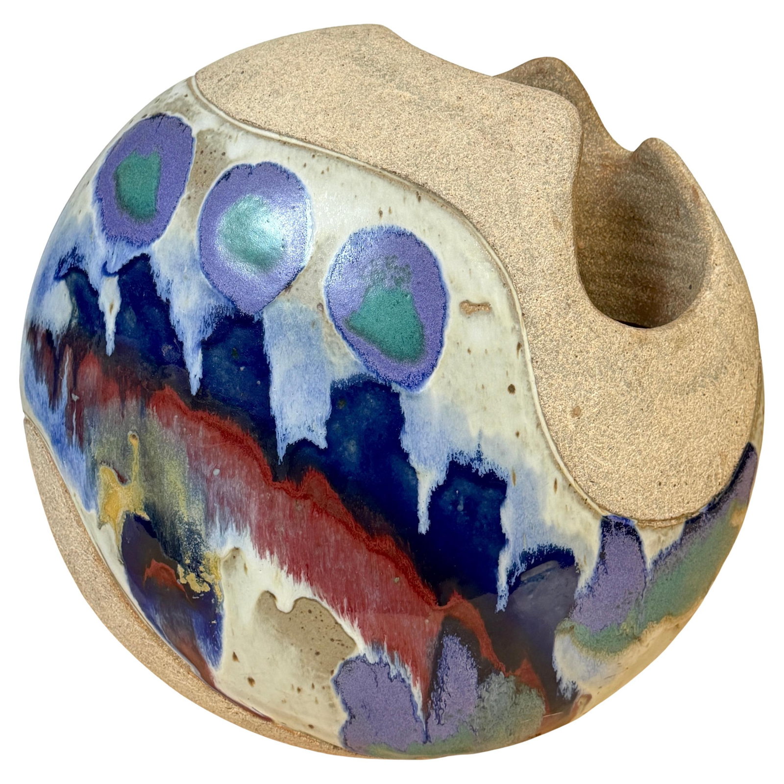 Ken Pick Raku Footed Sphere Vase Modern American Studio Ceramic Sculpture: Ken Pick Raku Footed Sphere Vase Modern American Studio Ceramic Sculpture This monumental footed raku sphere vase by Ken Pick is a striking example of American studio pottery from the 2000s. The vesse