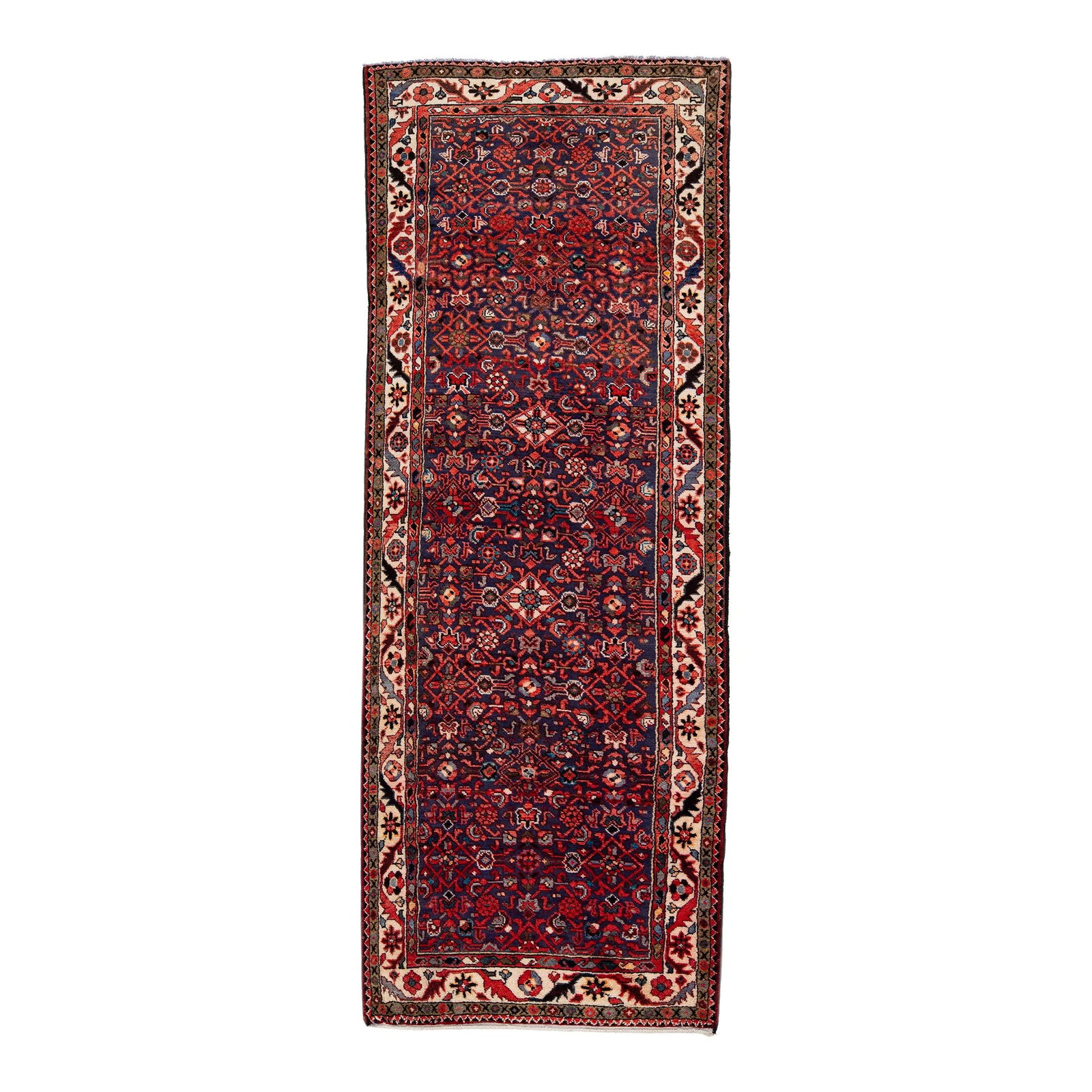 Vintage Persian Hamadan Red Wool Runner Hand-Knotted 3'7 x 10' All-Over Medallion: Vintage Persian Hamadan Red Wool Runner Hand-Knotted 3'7 x 10' All-Over Medallion This exquisite vintage Persian Hamadan runner features a stunning hand-knotted wool construction, showcasing a vibrant