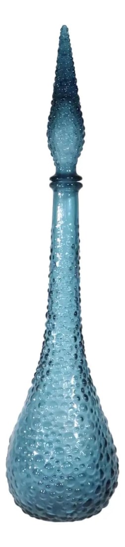 Empoli teal art glass genie bottle with stopper Italy 1960s: Empoli teal art glass genie bottle with stopper Italy 1960s Vintage Empoli genie bottle with stopper, made in Italy circa the 1960s. It features a dimensional dimpled hobnail surface and is described 