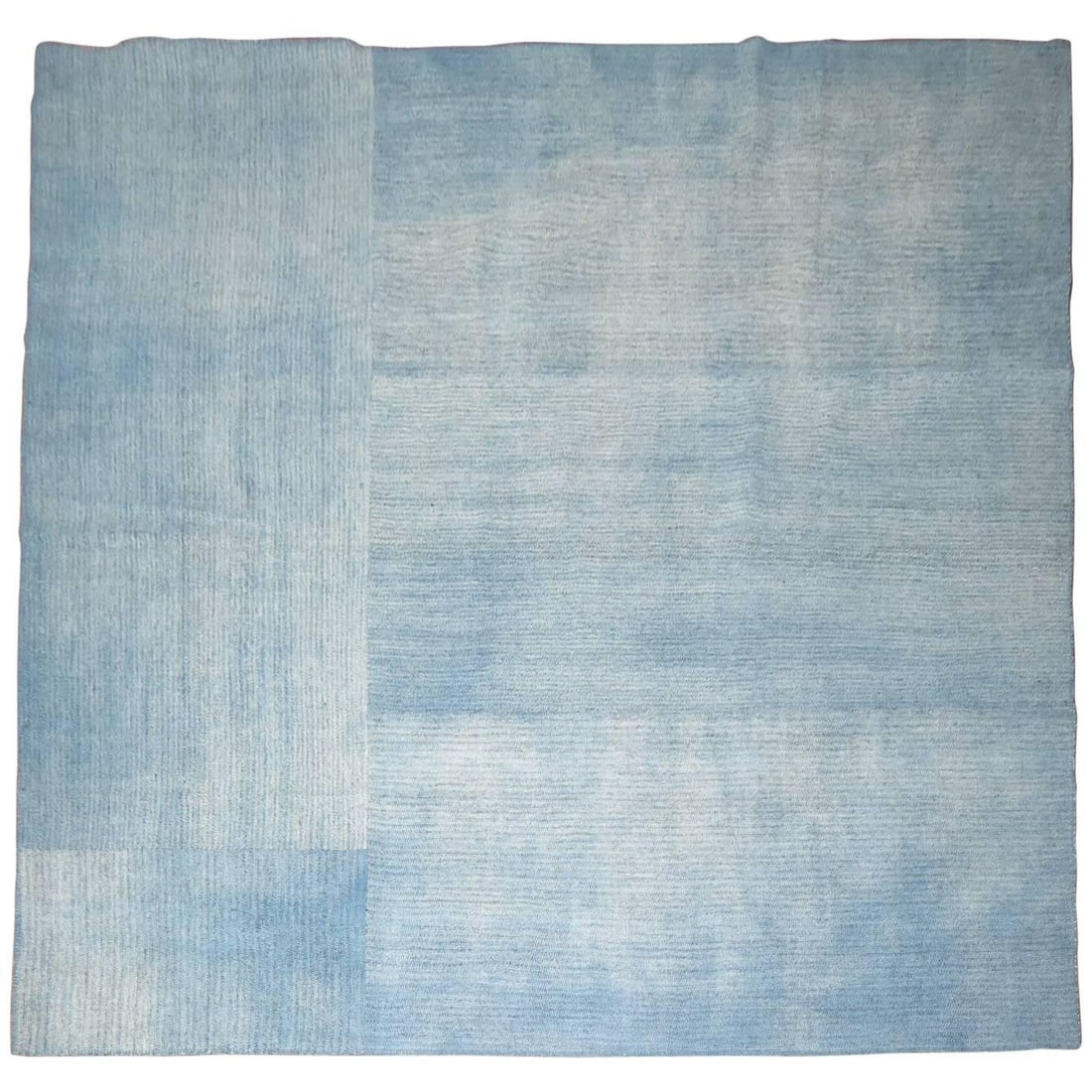 Handwoven Turkish Square Kilim 10'10 x 10'10: Handwoven Turkish Square Kilim 10'10 x 10'10 This hand-knotted Turkish Kilim features a modern square design in a distinctive blotchy aqua blue color. Crafted in 2015 in Turkey, it is handwoven using 