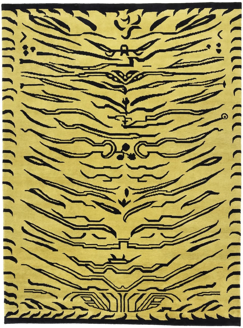 Hand-Knotted Wool Area Rug 8x10 Modern Nepali Tribal Bedroom Carpet: Hand-Knotted Wool Area Rug 8x10 Modern Nepali Tribal Bedroom Carpet This contemporary fine Nepali area rug is handmade using hand-knotted wool, offering a modern pictorial and tribal-inspired design i