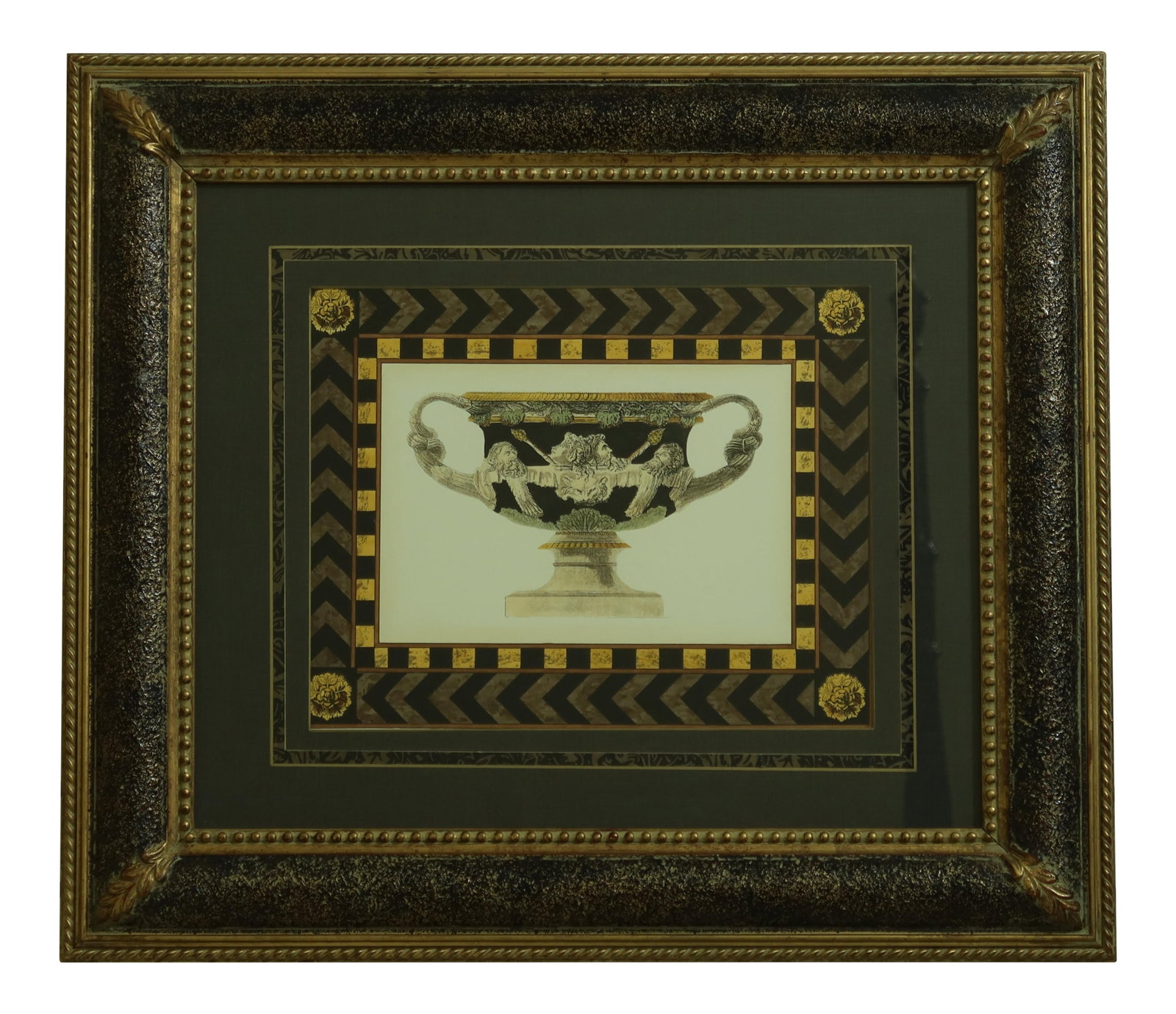 Framed Brown Classical Urn Print 31.5 x 27.5 Quality Craftsmanship: Framed Brown Classical Urn Print 31.5 x 27.5 Quality Craftsmanship This stunning classical urn print is expertly framed and matted, showcasing quality craftsmanship. Approximately 15 years old, it fea