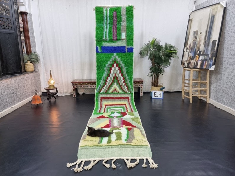 Authentic Handmade Moroccan Green Berber Runner Rug 2.62 x 13 Feet: Authentic Handmade Moroccan Green Berber Runner Rug 2.62 x 13 Feet Enhance your space with this Authentic Stylish Green Handmade Moroccan Berber Runner Rug. Expertly handwoven by local Berber women we