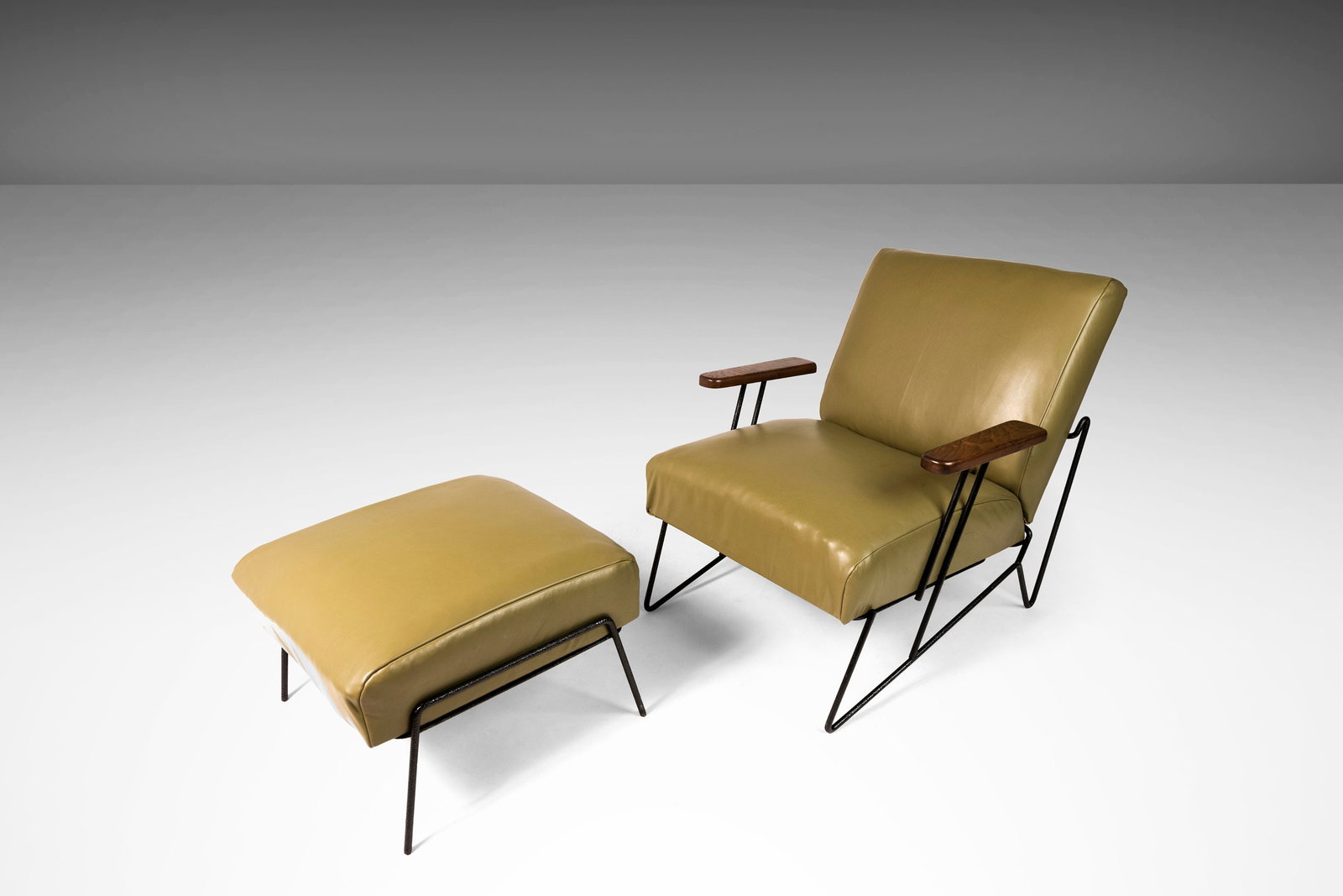 Rare Restored Dan Johnson Wrought Iron Chair and Ottoman Set: Rare Restored Dan Johnson Wrought Iron Chair and Ottoman Set Elevate your space with this ultra-rare Wrought Iron Chair and Ottoman set, designed by Dan Johnson for Pacific Iron in the 1950s. This exq