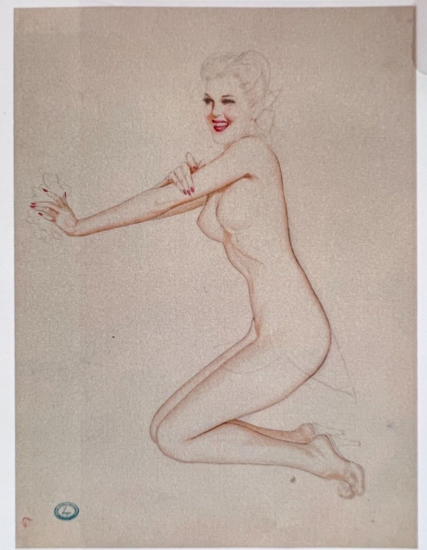Framed Alberto Vargas Kneeling Blonde Original Watercolor and Pencil Drawing: Framed Alberto Vargas Kneeling Blonde Original Watercolor and Pencil Drawing Original Alberto Vargas watercolor and pencil on paper titled "Kneeling Blonde." This drawing depicts a nude subject and is