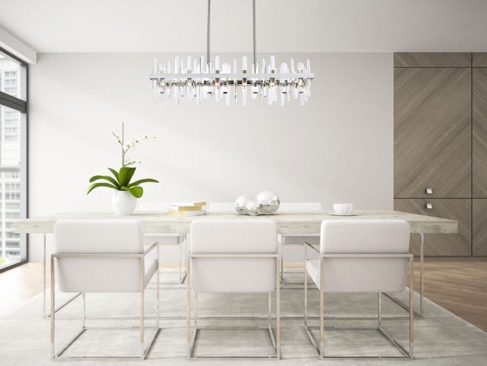 Serena 24-Light Chrome Crystal Chandelier 42 Inch: Serena 24-Light Chrome Crystal Chandelier 42 Inch This modern crystal chandelier features a chrome-plated finish and is designed to add a sophisticated touch to any indoor space, including dining room