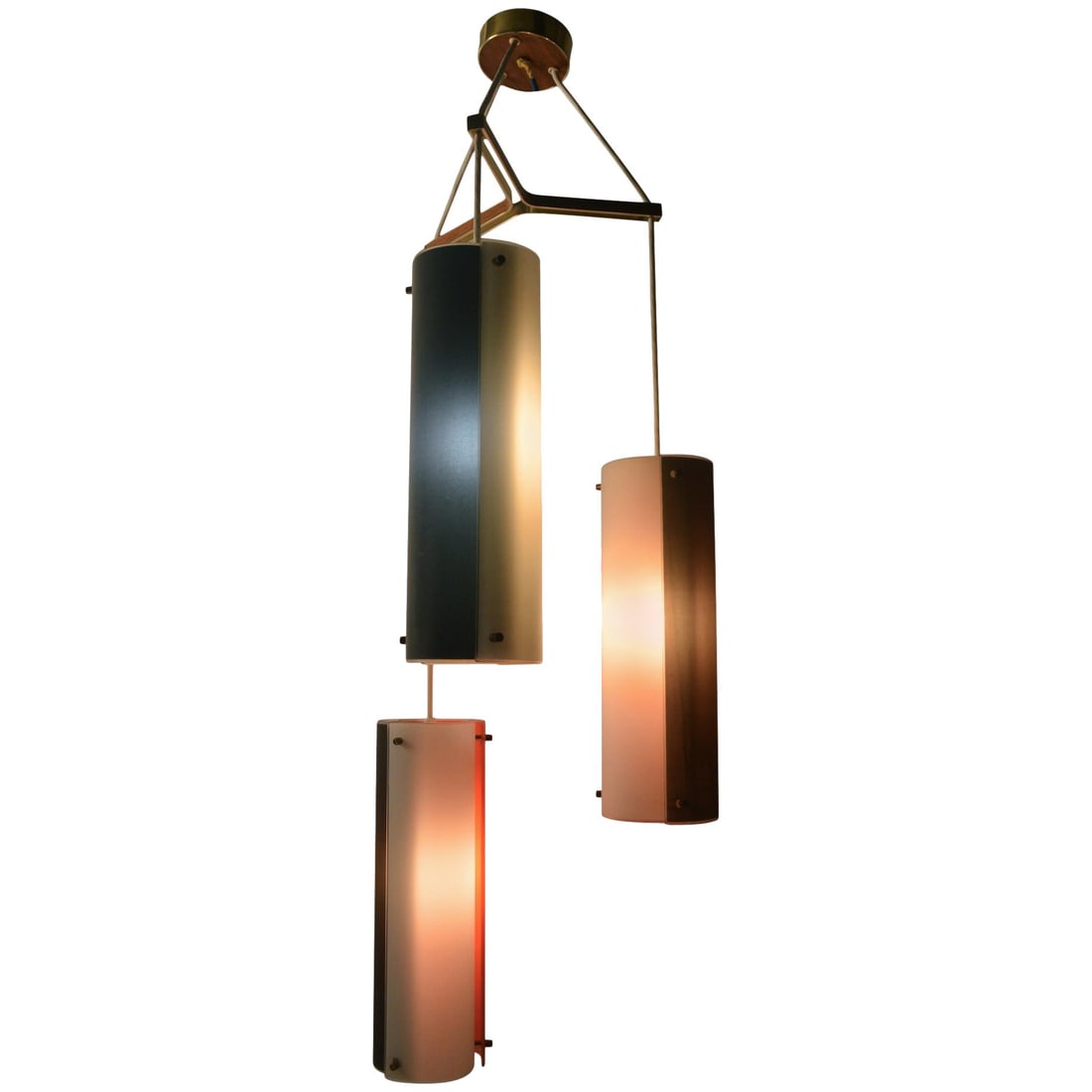 Lightolier Inspired Three-Light Glass Chandelier in Orange: Lightolier Inspired Three-Light Glass Chandelier in Orange This stunning three-light chandelier features a unique cylindrical design with a cascading form. Crafted from glass, it showcases two cylinde