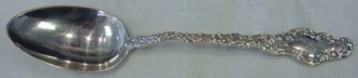 Durgin Watteau Sterling Silver 8 3/8 Serving Spoon: Durgin Watteau Sterling Silver 8 3/8 Serving Spoon Sterling silver serving spoon in the Watteau pattern by Durgin. It is monogrammed, with monos varying, and is described as being in excellent pre-own
