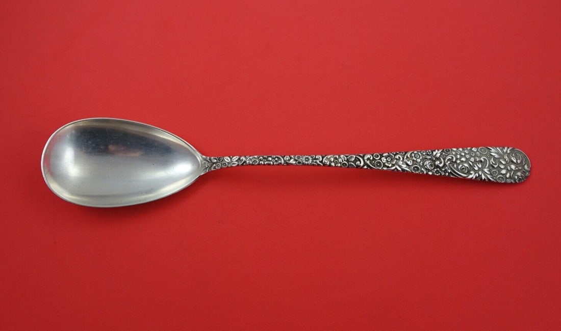 Jacobi Jenkins Repousse Sterling Silver Stuffing Spoon 12 Inch Monogrammed: Jacobi Jenkins Repousse Sterling Silver Stuffing Spoon 12 Inch Monogrammed This exquisite ovoid stuffing spoon, crafted by Jacobi & Jenkins, showcases the stunning Repousse pattern that reflects the i