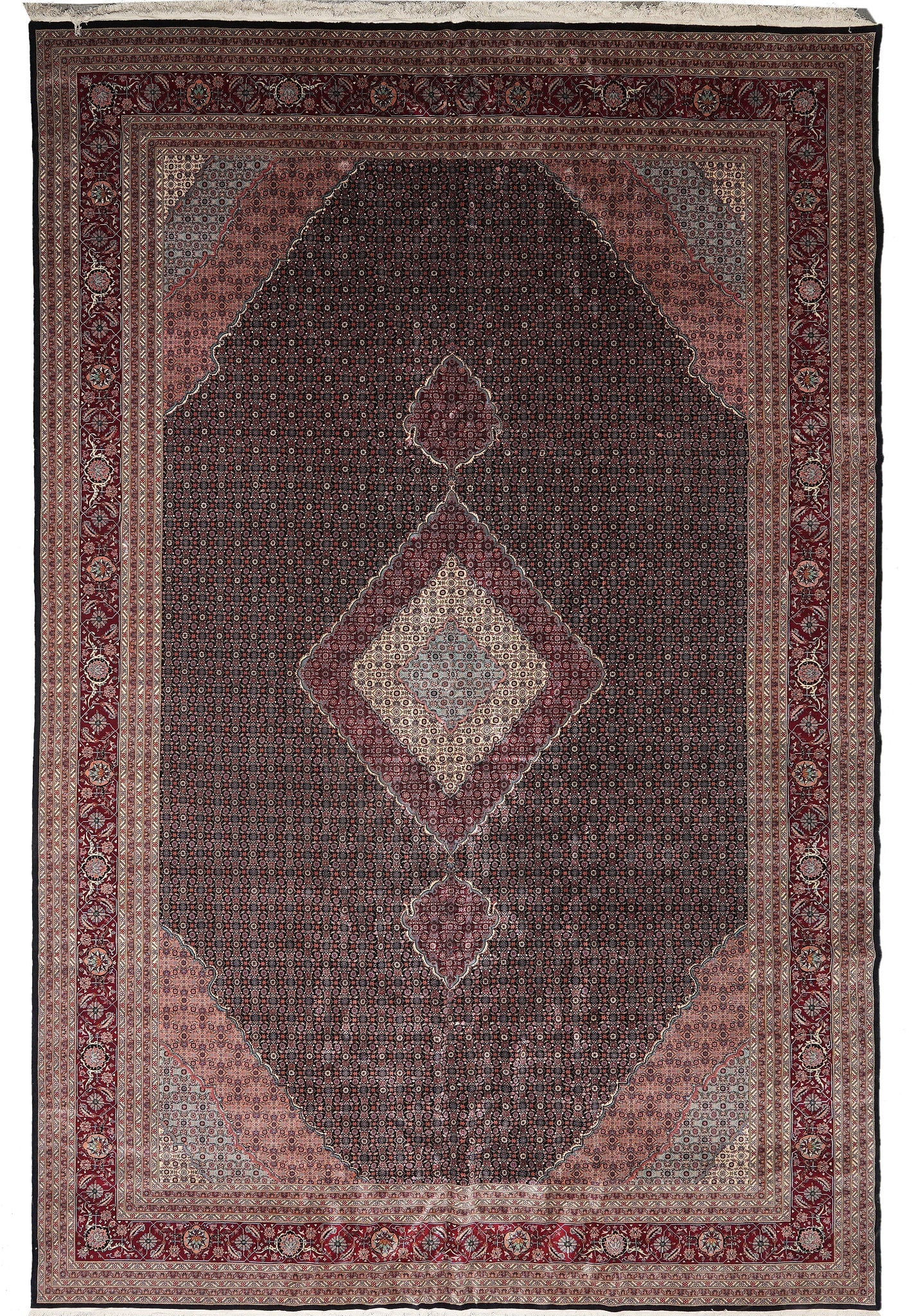 18 x 18.3 Wool and Silk Mahi Tabriz Rug Black: 18 x 18.3 Wool and Silk Mahi Tabriz Rug Black Free continental US Shipping This high quality Wool and Silk Mahi Tabriz rug is a hand-knotted Persian rug with a Sarouk Mohajeran design. It features lus