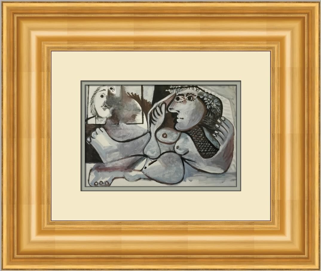 Pablo Picasso Reclining Nude Custom Framed Lithograph Art Print: Pablo Picasso Reclining Nude Custom Framed Lithograph Art Print This stunning custom framed print features Pablo Picasso's iconic work 'Reclining Nude with Crown of Flowers.' Created in 1985, this med