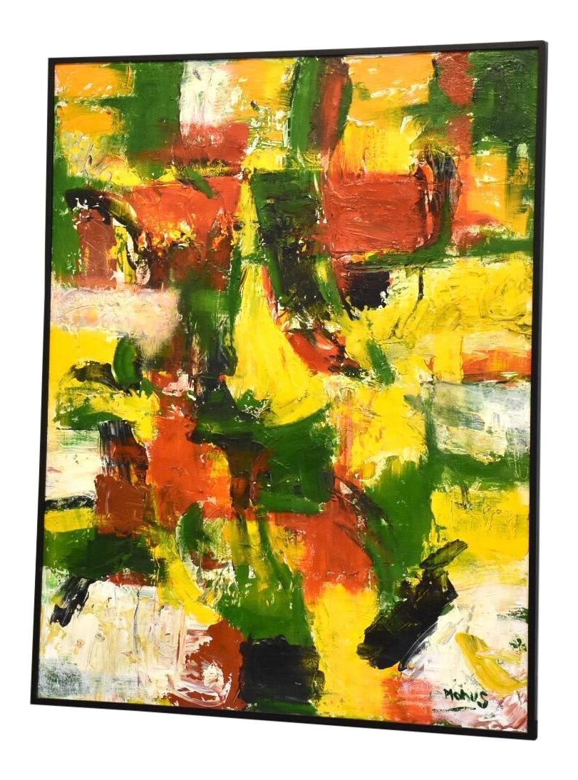 Mid Century Modern Abstract Oil Painting by Monus 43 x 54.75 in: Mid Century Modern Abstract Oil Painting by Monus 43 x 54.75 in This striking mid-century modern abstract oil on canvas painting features a vibrant palette of yellow, red, and green. The artwork is si