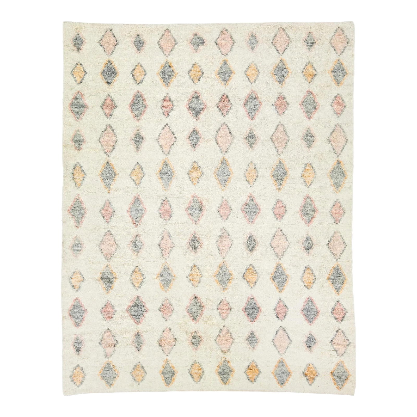 Hand-Knotted Ivory Wool Moroccan Shag Rug 11'2 x 14'3: Hand-Knotted Ivory Wool Moroccan Shag Rug 11'2 x 14'3 Enhance your space with this stunning organic modern Moroccan style shaggy wool rug. Hand-knotted from organic wool, this rug features a stylish i