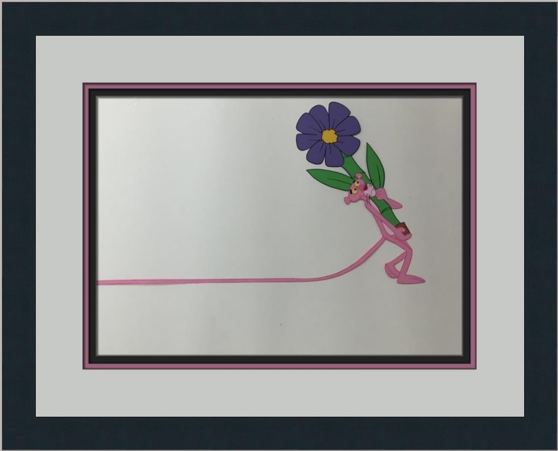 Framed Pink Panther flower cel 15 x 18 in original hand painted (1 of 3)