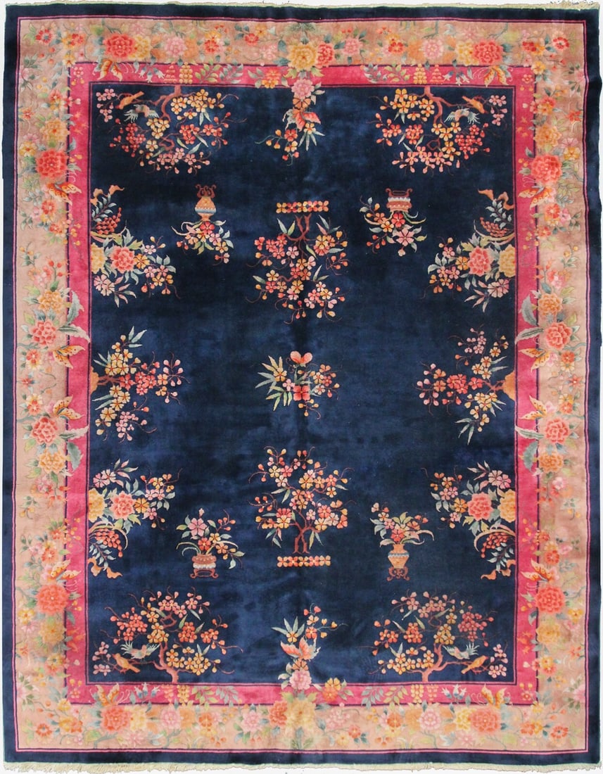 Handmade Chinese Art Deco Wool Area Rug Floral 9x12: Handmade Chinese Art Deco Wool Area Rug Floral 9x12 This antique Chinese Art Deco area rug, dating from circa 1920, features a handmade construction with a vibrant overall floral pattern. Crafted from