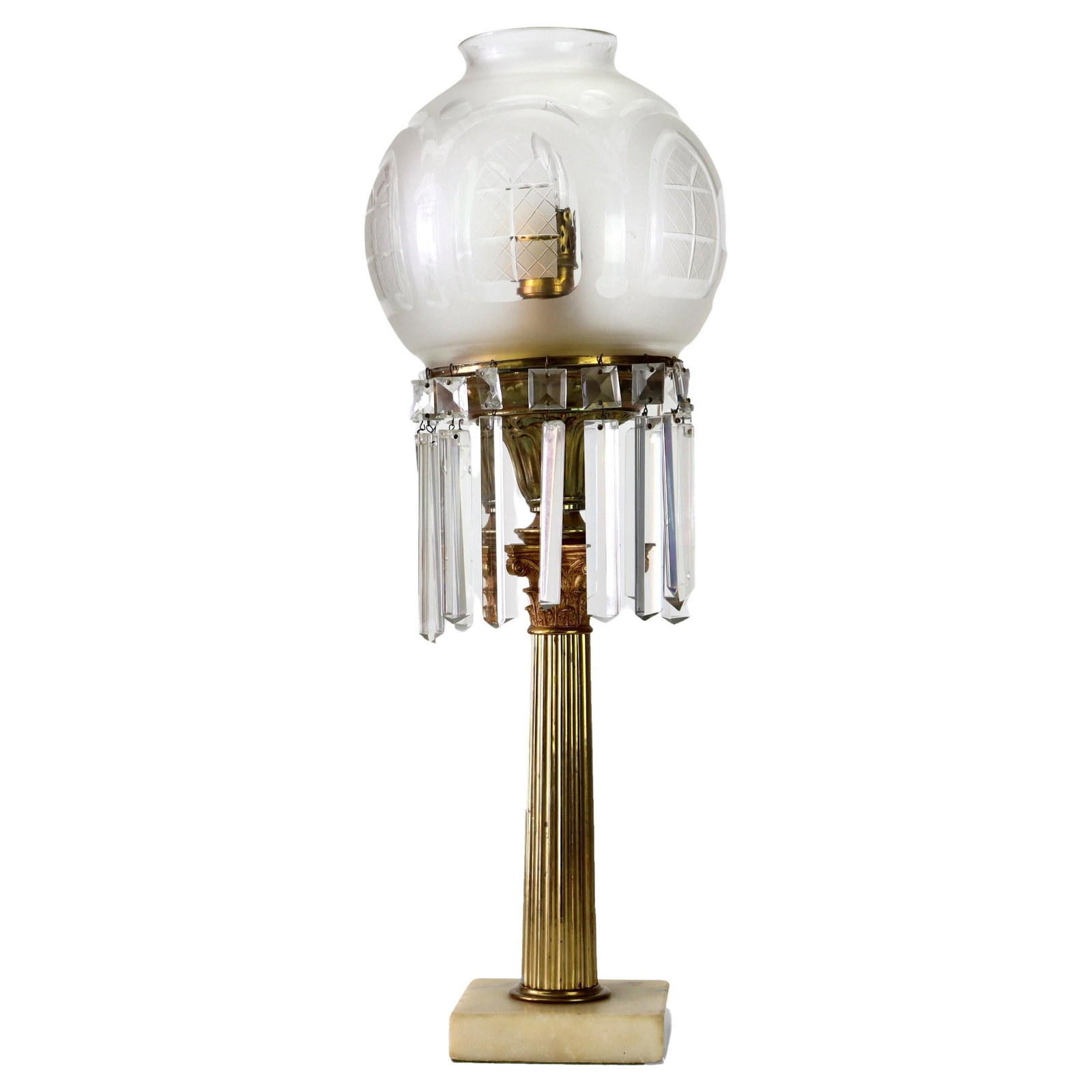 Antique Neoclassical Solar Table Lamp C1840 Brass Crystal Marble: Antique Neoclassical Solar Table Lamp C1840 Brass Crystal Marble This exquisite Antique Argand lamp, crafted around 1840, features a stunning neoclassical design that combines brass, crystal, and marb