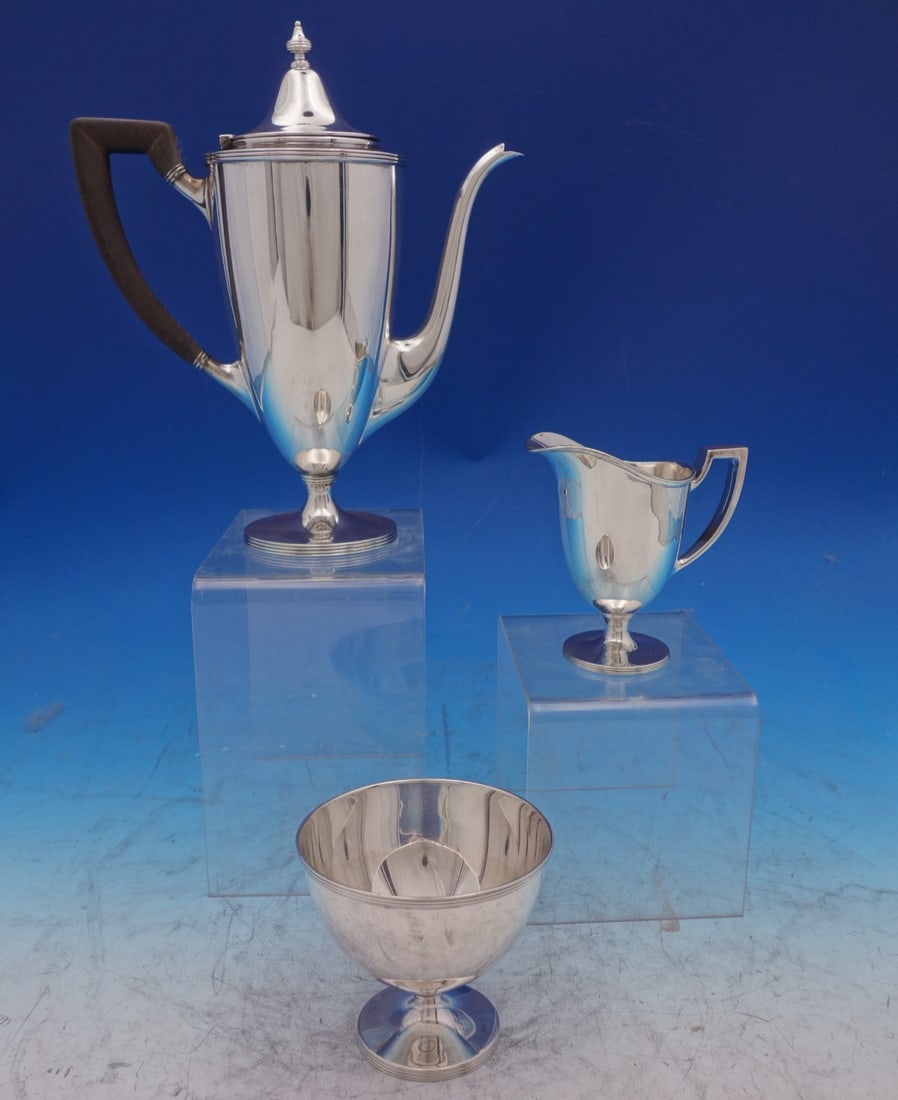 Tiffany Windham Sterling Silver 3 Piece Tea Service: Tiffany Windham Sterling Silver 3 Piece Tea Service This is a remarkable three-piece Windham pattern tea set by Tiffany & Co., crafted from sterling silver and first introduced in 1923. The set consis