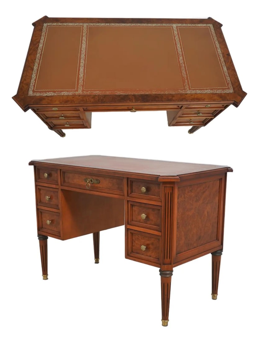 Burl Walnut Writing Desk With Tooled Leather Top And Brass Feet (1 of 10)