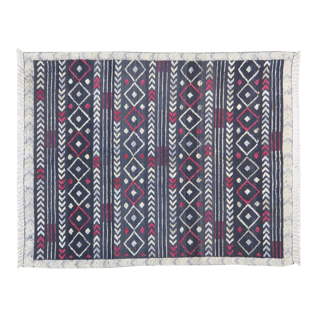 Midcentury Moroccan Wool Area Rug Hand Knotted 5'9" x 7'5": Midcentury Moroccan Wool Area Rug Hand Knotted 5'9" x 7'5" This hand-knotted wool rug from the 1950s showcases traditional Moroccan craftsmanship blended with a modern design sensibility. The rug feat