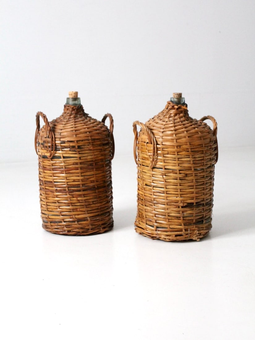 Wicker Encased Demijohns Pair with Cork Tops Double Handles (1 of 13)