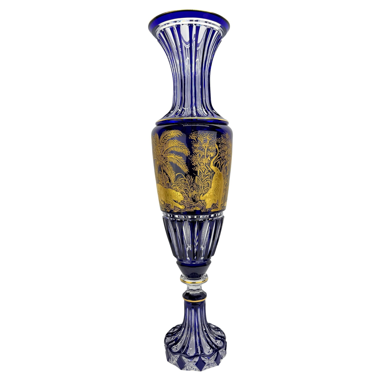 Saint Louis Art Deco Cobalt Crystal Vase African Jungle 25.5in: Saint Louis Art Deco Cobalt Crystal Vase African Jungle 25.5in This monumental cut-crystal vase from the late 19th century is an exquisite example of the craftsmanship from Verreries Royales de Saint-