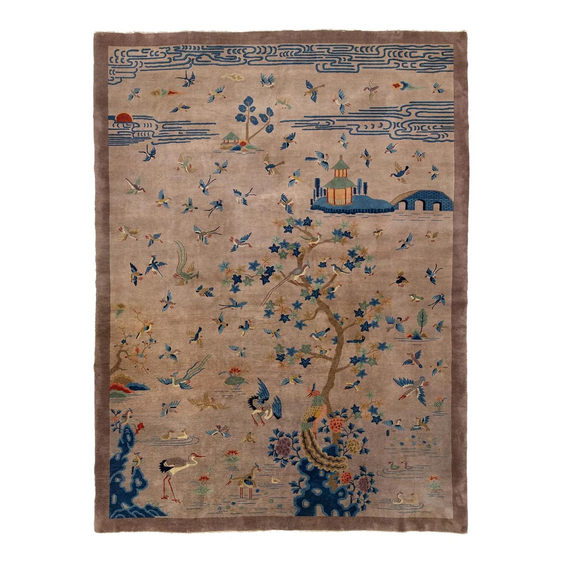 10' x 13'8" Chinese Art Deco wool rug with Hundred Birds phoenix design: 10' x 13'8" Chinese Art Deco wool rug with Hundred Birds phoenix design Antique Chinese Art Deco rug from the 1920s featuring a pictorial "Hundred Birds" and phoenix design. The rug is made of wool an