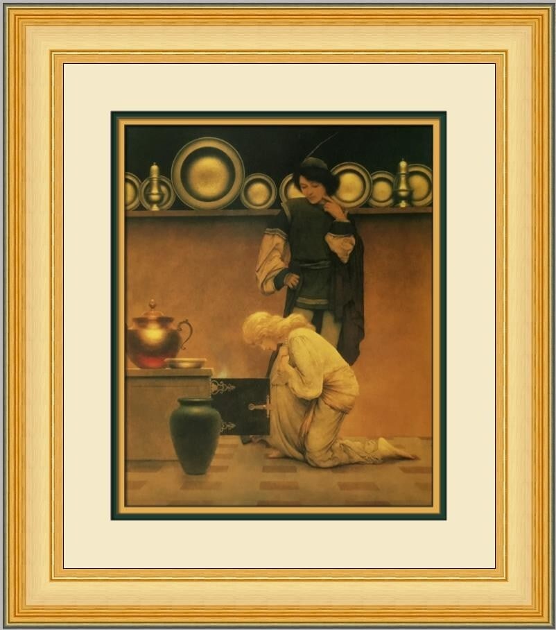 Framed reproduction print Maxfield Parrish Lady Violetta with the Nave: Framed reproduction print Maxfield Parrish Lady Violetta with the Nave Custom framed reproduction print of Maxfield Parrish's Lady Violetta with the Nave. The piece is matted and framed in a portrait 