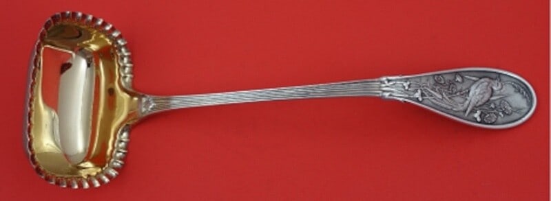 Tiffany & Co Japanese Sterling Oyster Ladle 10 1/2" Pie Crust Edge Rose Gold Wash: Tiffany & Co Japanese Sterling Oyster Ladle 10 1/2" Pie Crust Edge Rose Gold Wash This exquisite ladle is crafted by Tiffany & Co. in the renowned Japanese pattern. The sterling silver oyster ladle fe