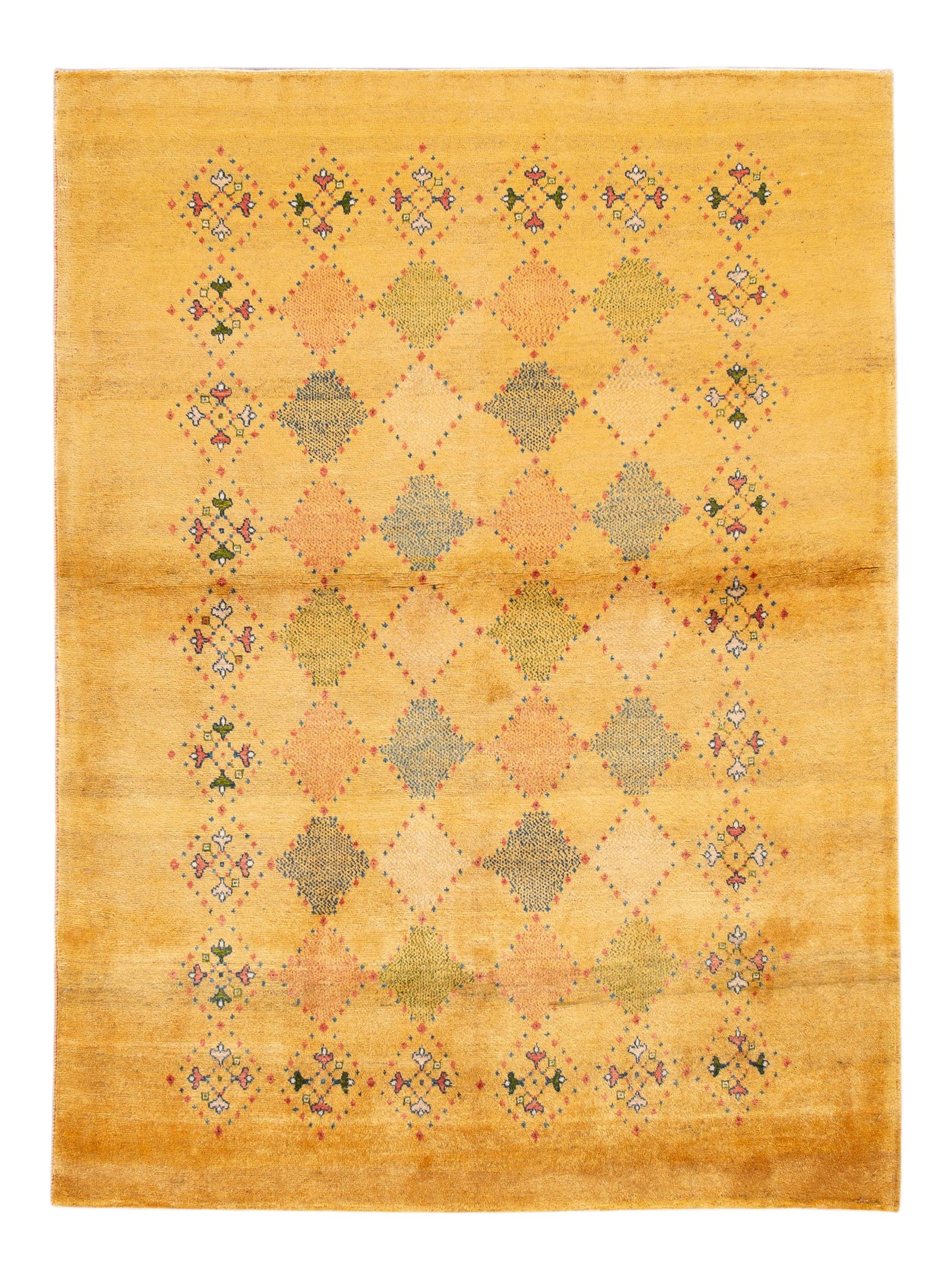 Vibrant Yellow Gabbeh Handmade Wool Rug 5'2 x 6'6: Vibrant Yellow Gabbeh Handmade Wool Rug 5'2 x 6'6 Enhance your living space with this stunning Yellow Modern Gabbeh Persian Handmade Wool Rug. Featuring a vibrant Goldenrod field, this contemporary ru