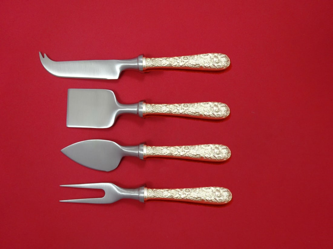 Kirk Repousse Sterling Silver Cheese Serving Set 4 Pieces Custom: Kirk Repousse Sterling Silver Cheese Serving Set 4 Pieces Custom This exquisite 4-piece cheese serving set, crafted by Kirk, showcases the elegant Repousse pattern. Each piece is made of sterling silv
