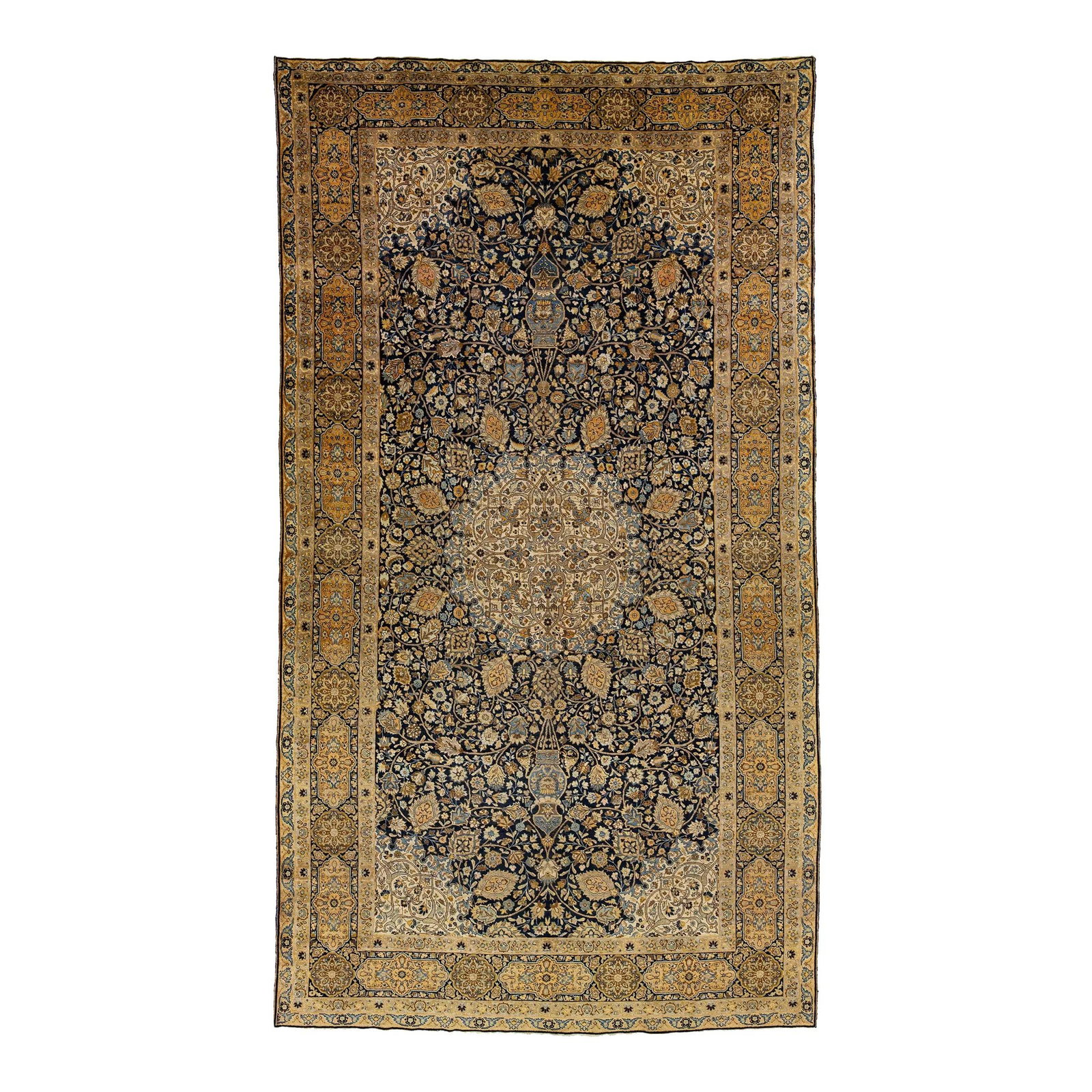 Antique 1890s Persian Tabriz Wool Rug 11'3 x 20'5 Blue Rosette Design: Antique 1890s Persian Tabriz Wool Rug 11'3 x 20'5 Blue Rosette Design This exquisite antique Persian Tabriz wool rug, crafted in the 1890s, showcases a stunning floral pattern with a classic rosette d