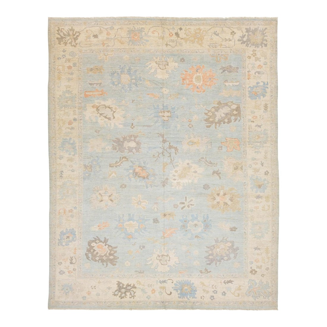 Hand Knotted Wool Oushak Rug 12'2 x 15'3 Blue Floral: Hand Knotted Wool Oushak Rug 12'2 x 15'3 Blue Floral This Modern Oushak style area rug showcases a harmonious fusion of traditional Turkish design and contemporary coastal flair. Hand-knotted from hig