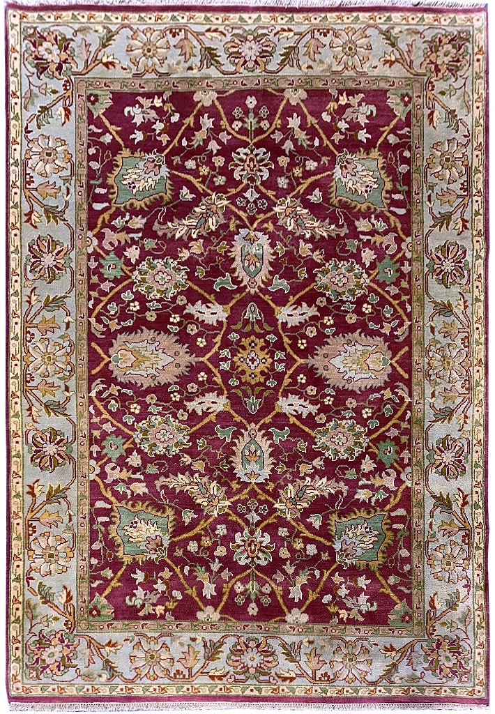 Handmade Wool Rug 6' x 9' Burgundy Green: Handmade Wool Rug 6' x 9' Burgundy Green Free continental US Shipping This handmade wool rug features a rich burgundy and green color palette. Crafted with attention to detail, it offers a durable and