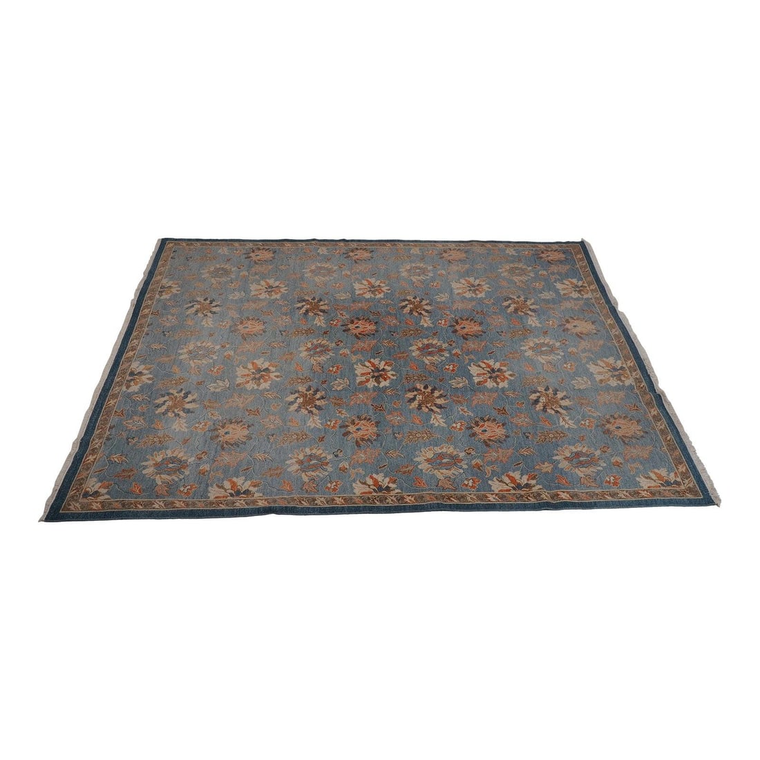 Blue Wool Rug with Floral Design 9x12 Woven Flatweave No Pile: Blue Wool Rug with Floral Design 9x12 Woven Flatweave No Pile This is a high-quality, woven wool rug featuring a floral pattern on a blue background. The rug is approximately 40 years old and was cons