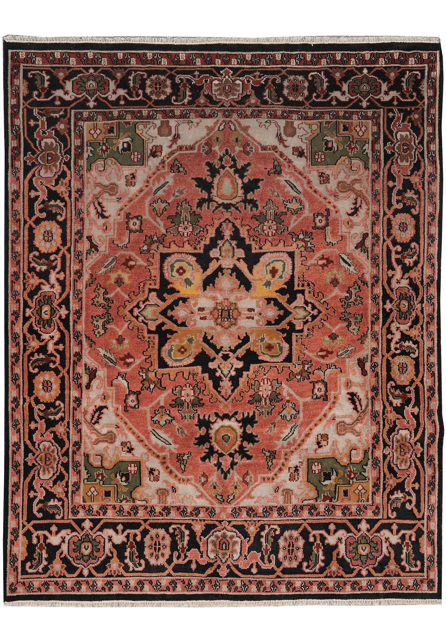 8 x 9.9 Handmade Heriz Rug Wool Hand Knotted India: 8 x 9.9 Handmade Heriz Rug Wool Hand Knotted India Free continental US Shipping Handmade Heriz rug in an 8 x 9.9 size, hand-knotted in India with a Persian-inspired geometric medallion and angular flo