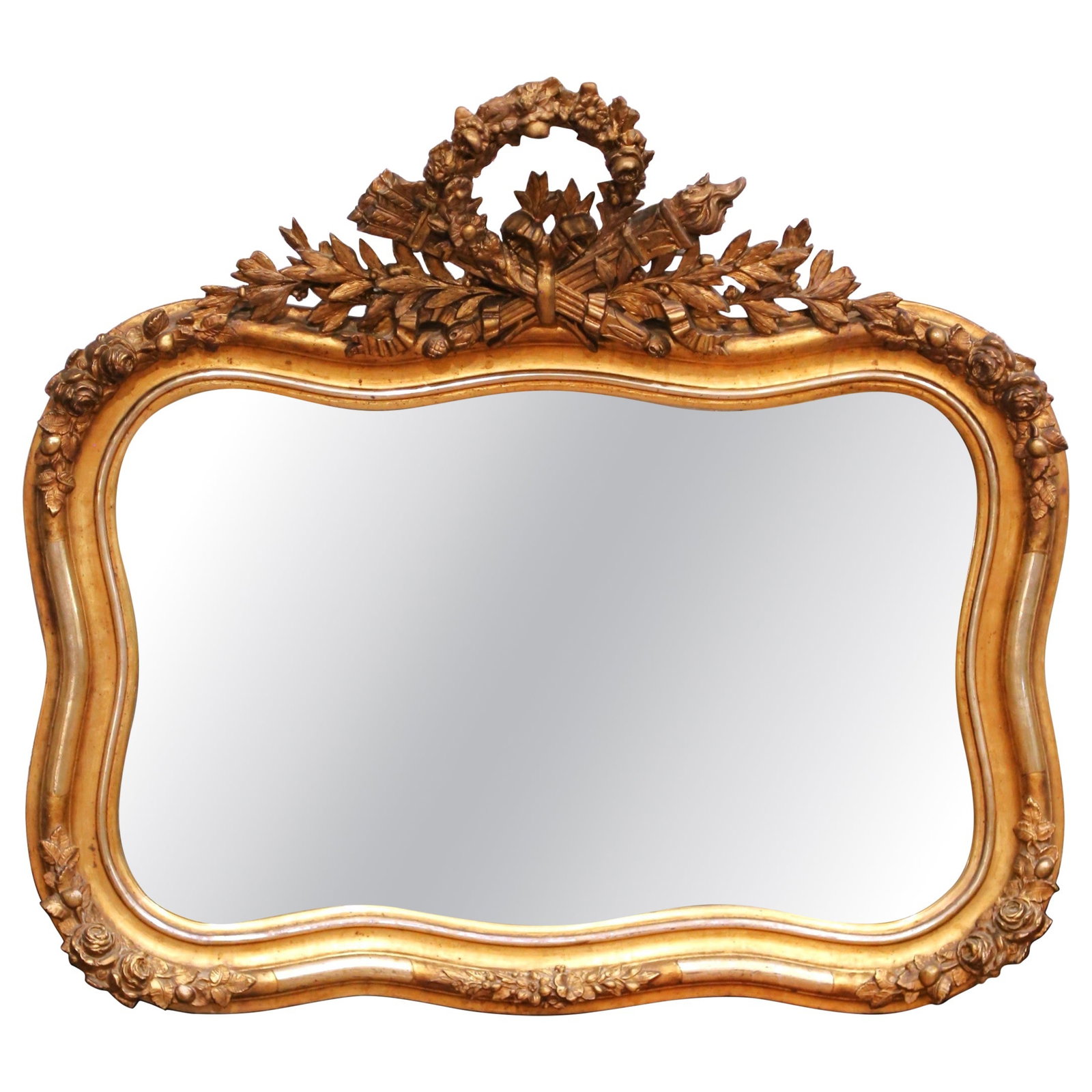 French Antique Giltwood Mirror with Floral Carved Crest Louis XV Style Circa 1860 (1 of 8)