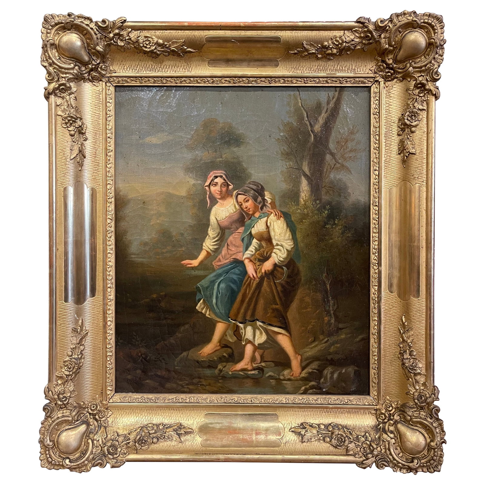 French Oil on Canvas Genre Scene in Giltwood Frame: French Oil on Canvas Genre Scene in Giltwood Frame This early 19th-century French genre painting, created circa 1830, features two young women in traditional peasant attire crossing a shallow stream. 