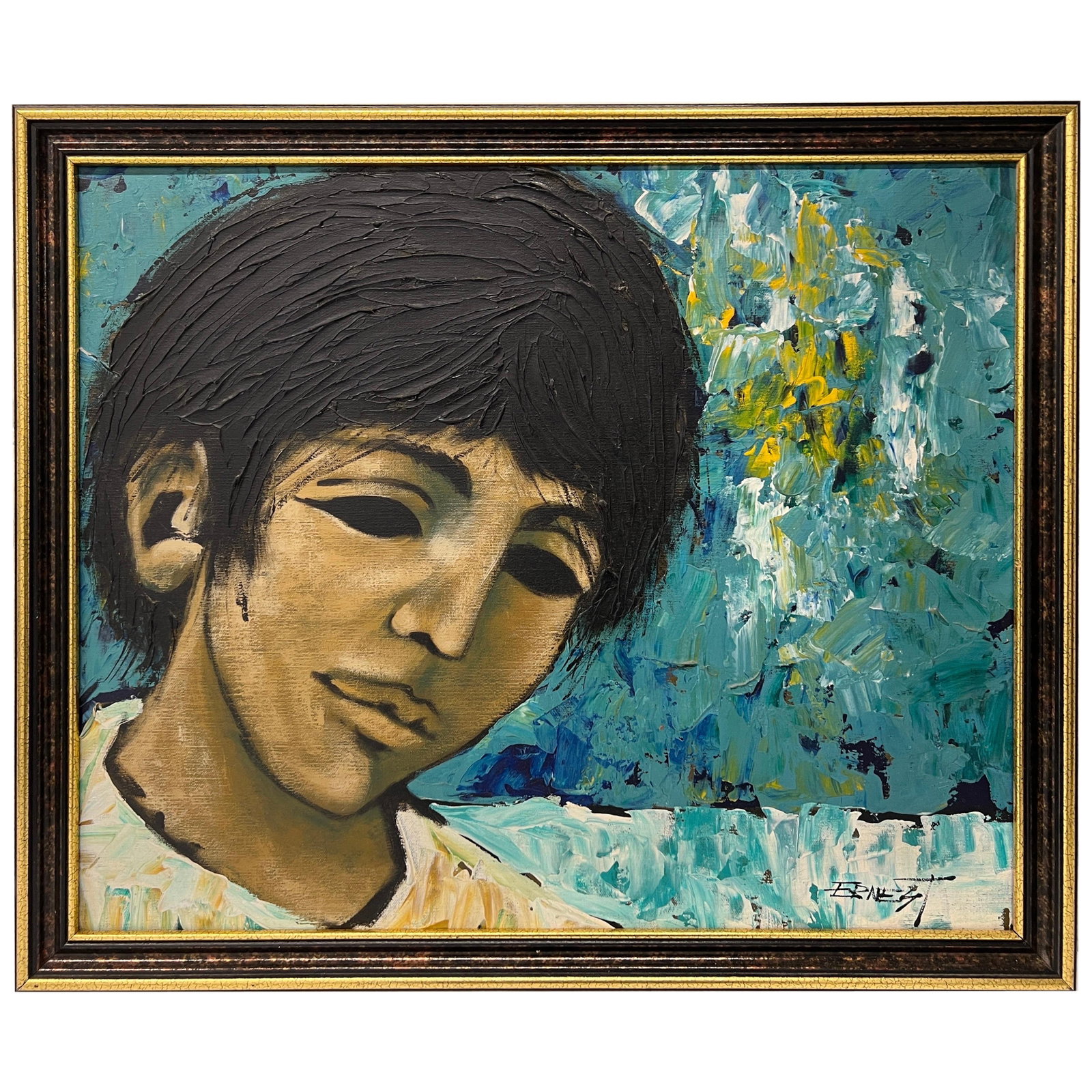 Spanish Mid-Century Modern Oil Portrait of Boy Signed Ernest: Spanish Mid-Century Modern Oil Portrait of Boy Signed Ernest This mid-century Spanish oil painting features a vibrant portrait of a young boy, rendered with expressive color accents highlighting his p