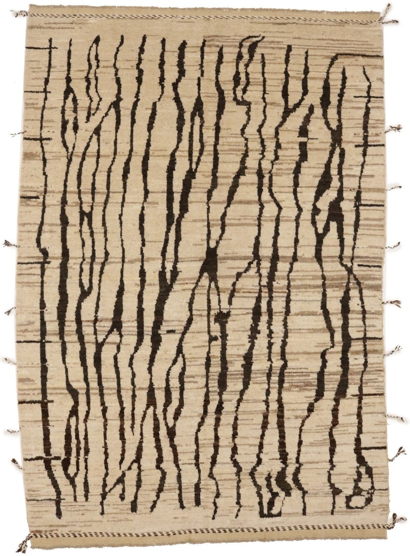 Hand-Knotted 6'3 x 9'3 Beige Tribal Rug Modern Moroccan Wool Decor: Hand-Knotted 6'3 x 9'3 Beige Tribal Rug Modern Moroccan Wool Decor Enhance your living space with this exquisite hand-knotted tribal rug, featuring a modern Moroccan style that effortlessly combines b